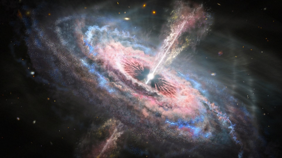 An artist's concept of a galaxy with a brilliant quasar at its center